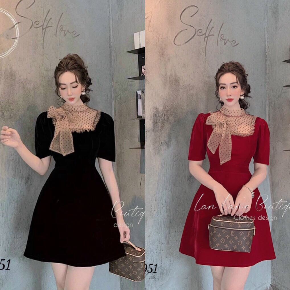 Đầm xòe dự tiệc phối lưới bi cổ dễ thương - d04