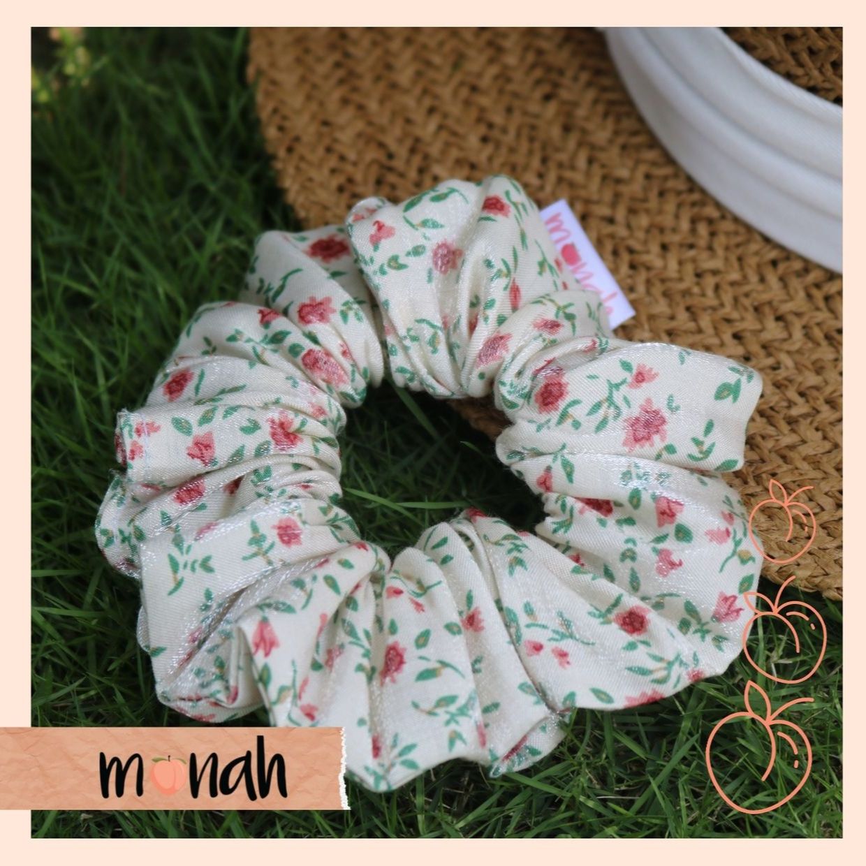 Dây buộc tóc cột tóc scrunchie trắng hoa nhí lụa cao cấp