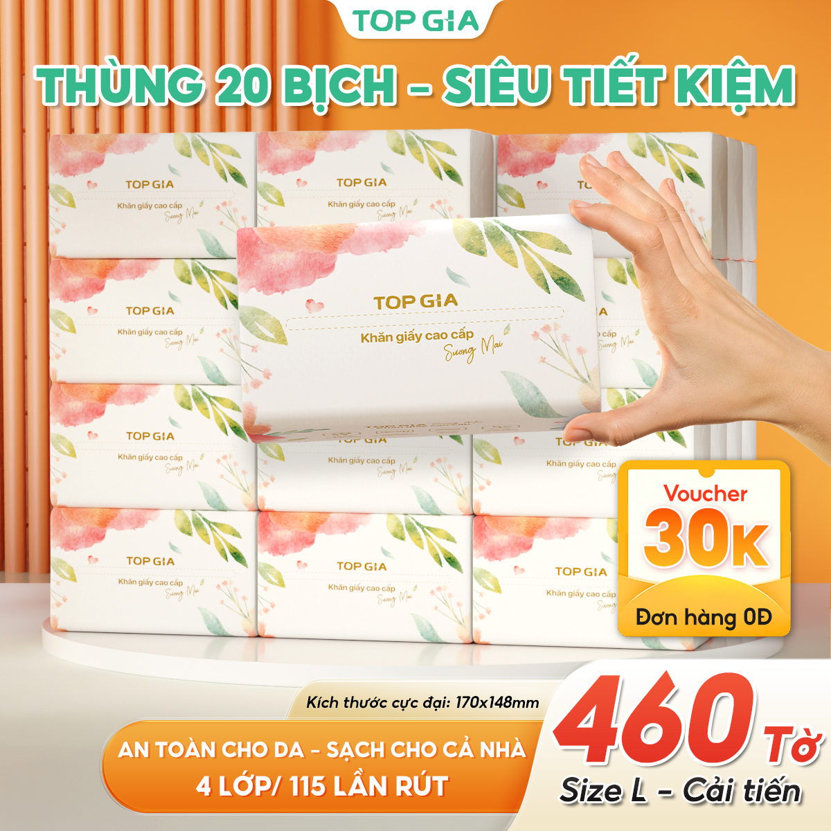  Giấy ăn rút Topgia sương mai khổ lớn cao cấp mềm mịn 460 tờ 4 lớp thấm hút tốt dùng cho cả gia đình 