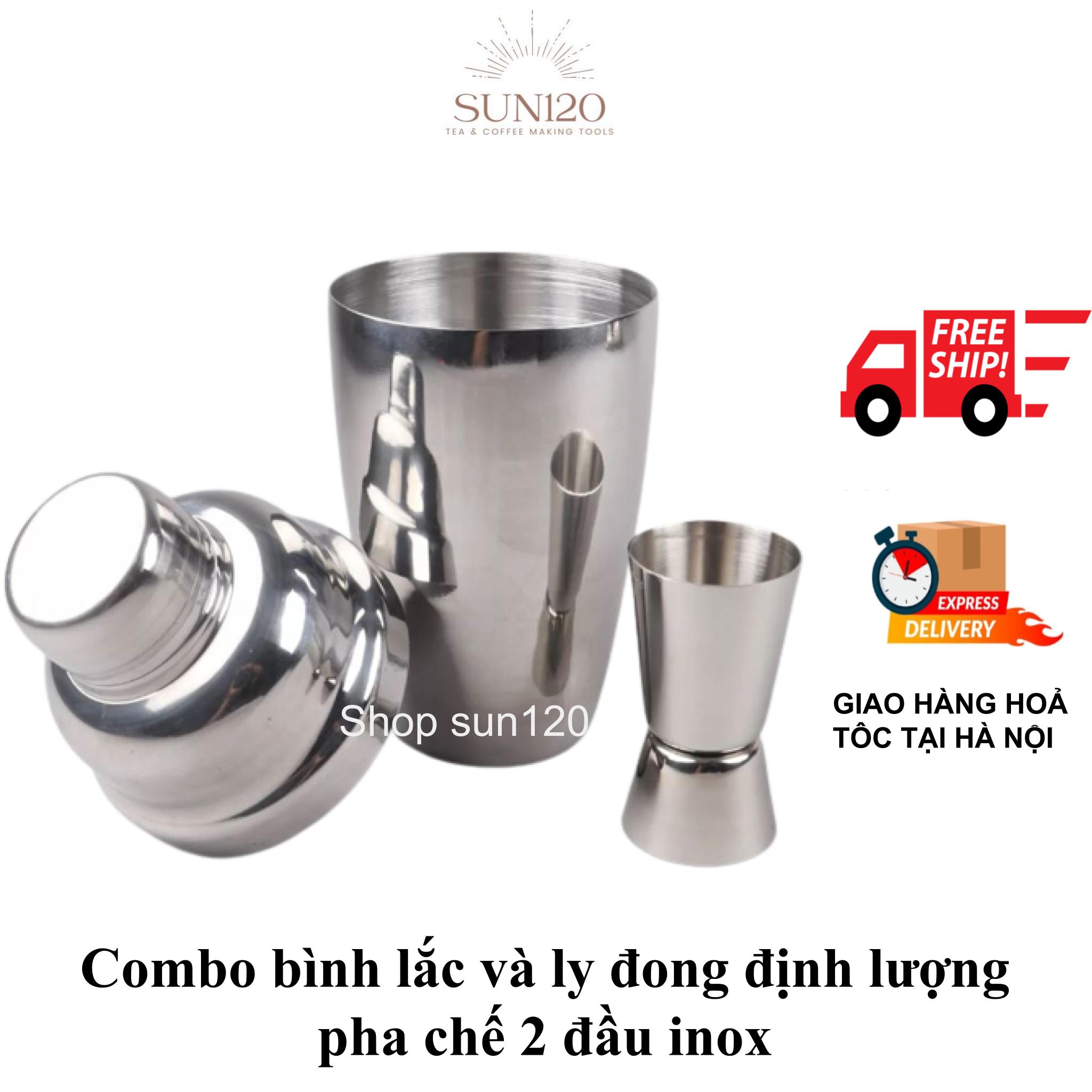 Combo bình lắc shaker và ly đong định lượng pha chế 2 đầu inox sáng bóng cao cấp SJ01