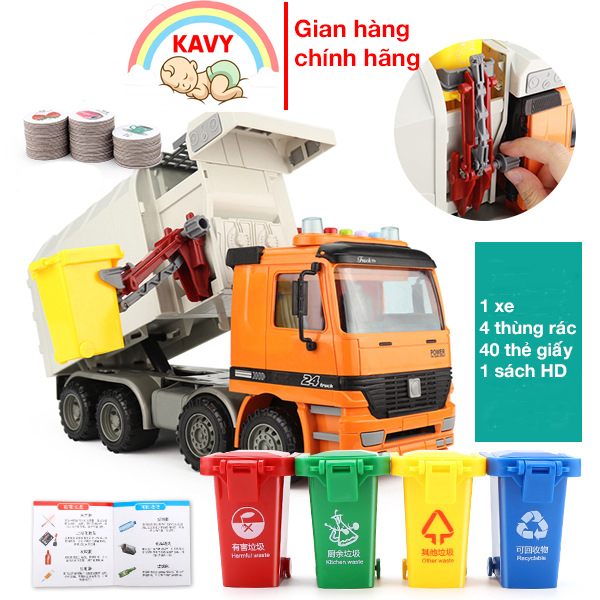 Bộ đồ chơi lắp ghép xe vệ sinh thu gom rác có âm thanh và ánh sáng, giúp bé phát triển các kĩ năng kèm 4 thùng rác - KAVY