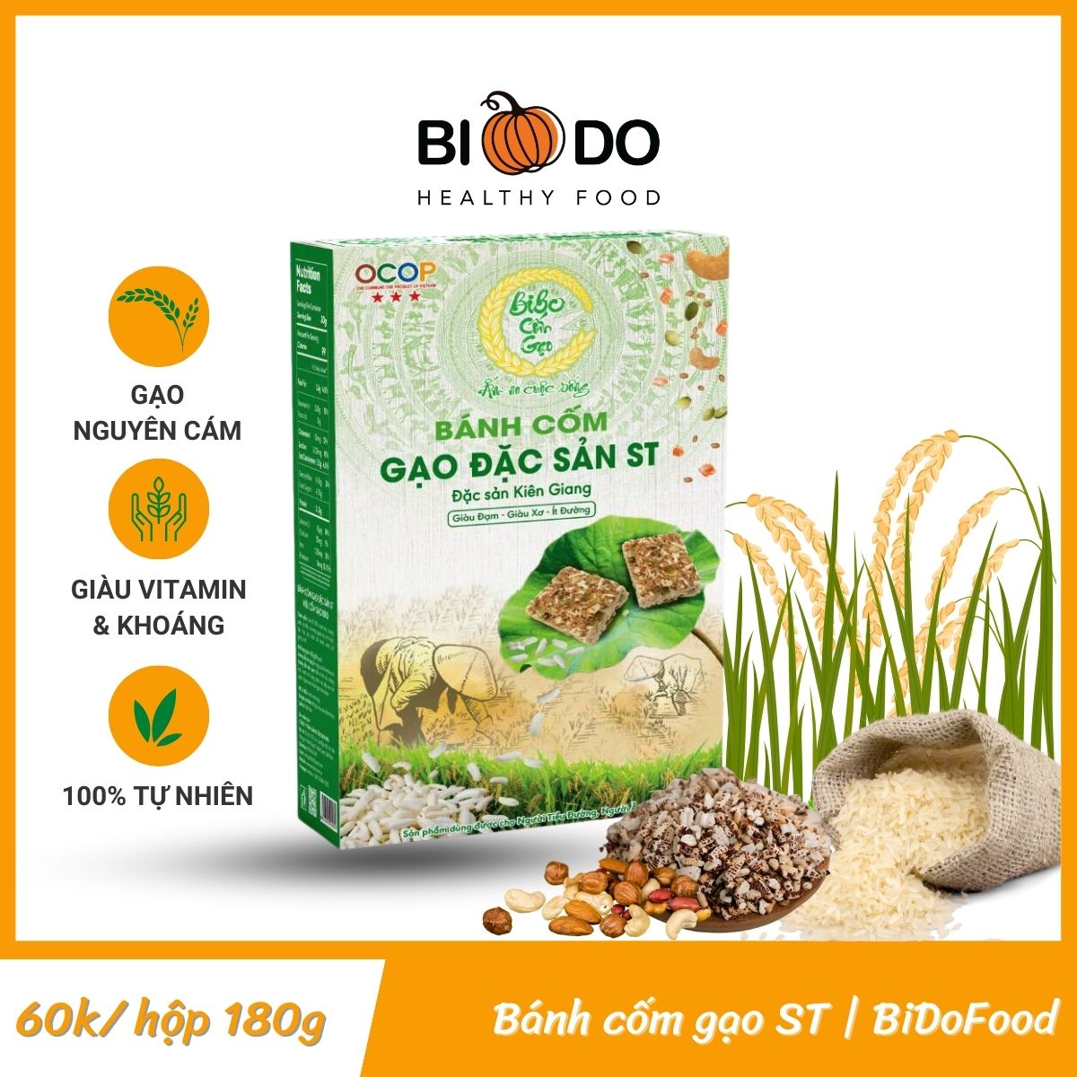 Bánh cốm gạo đặc sản st bibo 180g - bí đỏ food - đồ ăn tuổi thơ cốm gạo miền tây