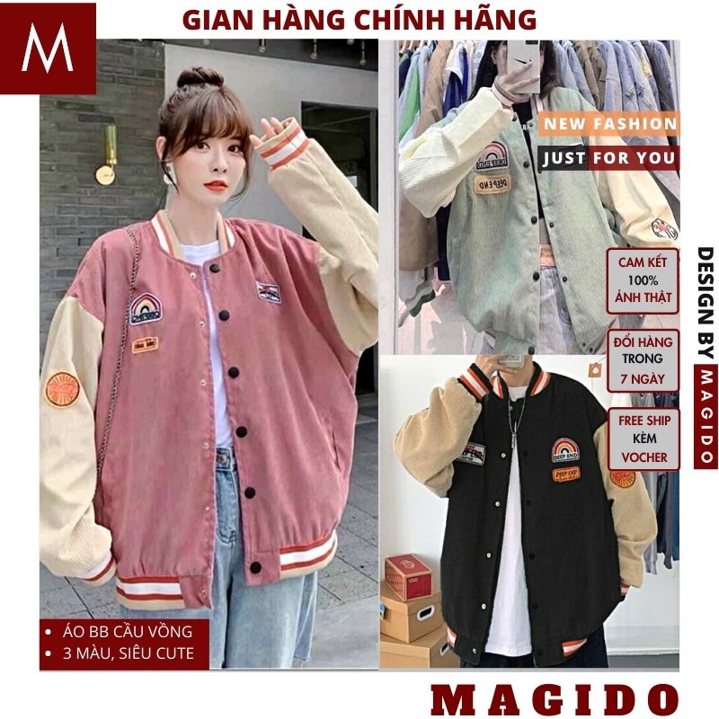 Áo khoác bomber nhung tăm cầu vồng, áo khoác nhung tăm thể thao nam nữ, MAGIDO, áo khoác bóng chày nhung, áo khoác bóng chày unisex, áo bomber jacket, áo bomber thêu logo, áo khoác nhẹ nam nữ, áo khoác mùa đông