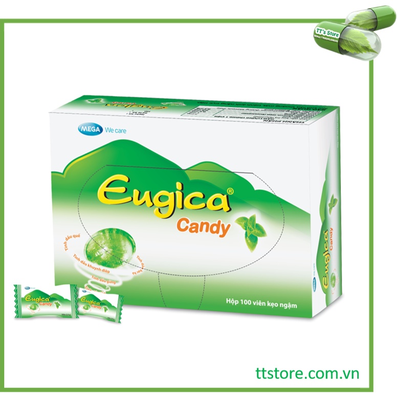 Mẫu mới EUGICA CANDY Hộp 100 viên _ Kẹo ngậm thảo dược giảm ho, ấm họng -
