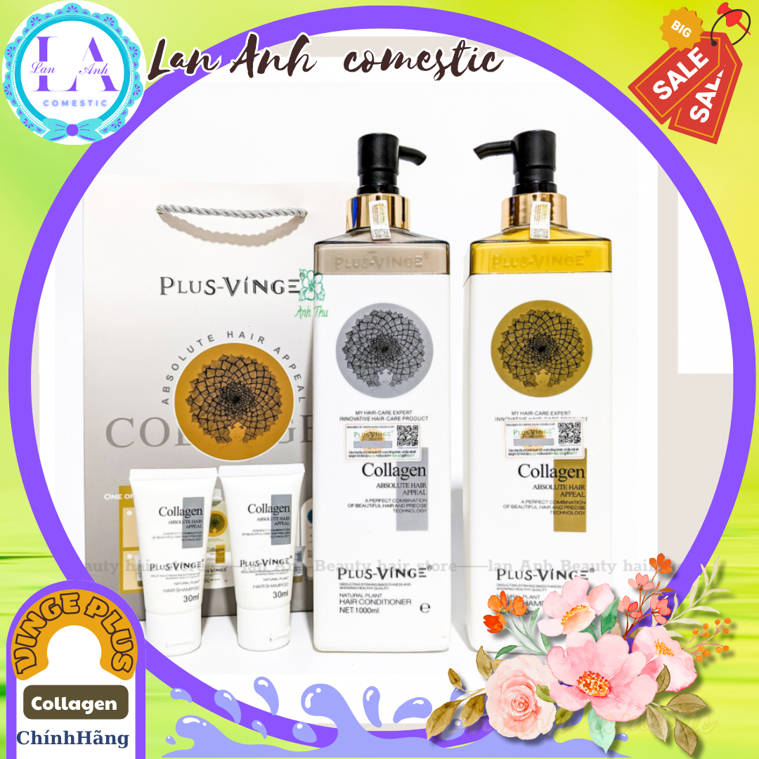 Cặp Dầu Gội Xả Collagen Vinge Plus Trắng Kích Thích Mọc Tóc, Phục Hồi Tóc Hư Tổn 1000ml [Tặng set gội mini 30mlx2]