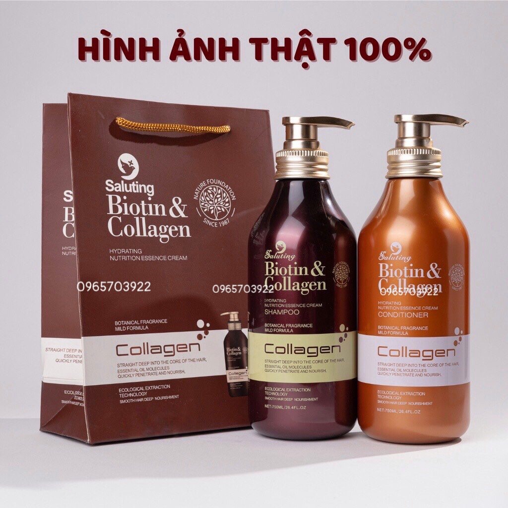 Dầu gội dầu xả biotin collagen saluting 750ml x2 chăm sóc tóc siêu phục hồi tóc hư tổn. dầu cặp biotin nâu