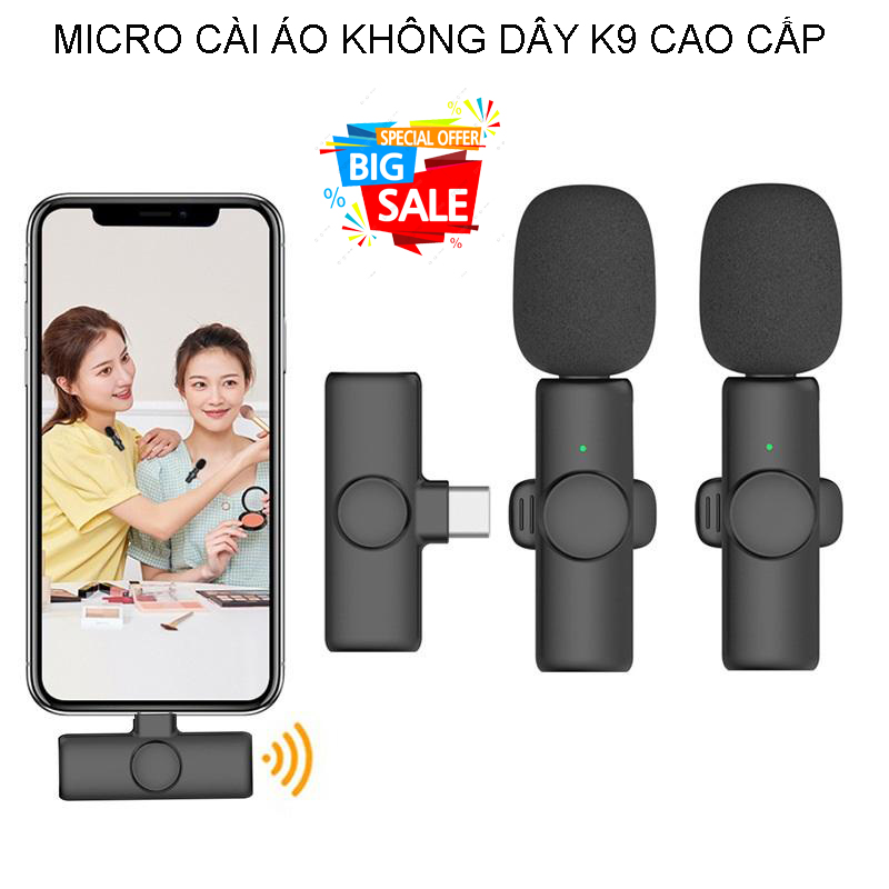 Mic cài áo không dây, micro không dây cài áo k9 pro, mic thu âm cho điện thoại khử tiếng ồn, quay video vlog review sản phẩm, kết nối androi type c, iphone lightning, mic thu âm livestream, ghi âm chống ồn bảo hành 12 tháng