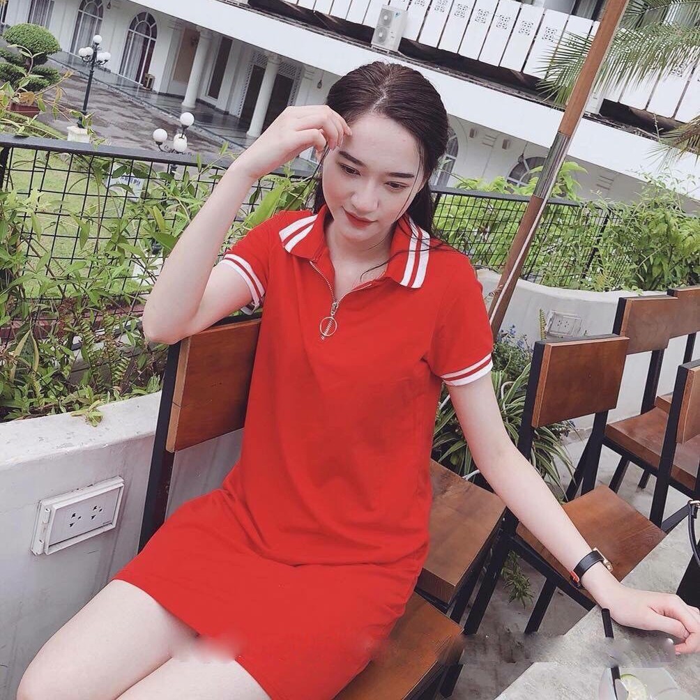Đầm suông thun cổ dây kéo phối bo viền sọc - 34hl17