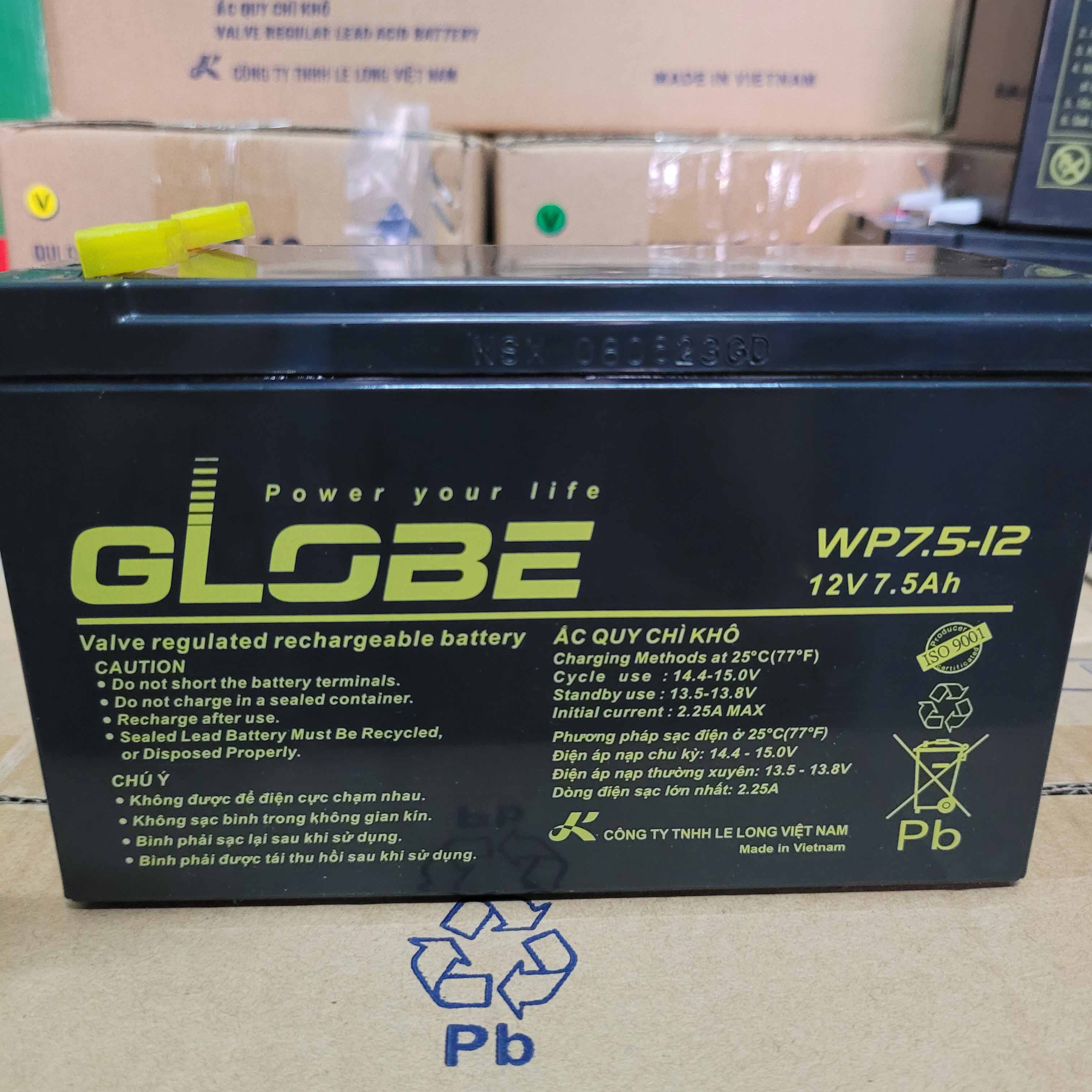 Ắc quy 12v-7.5ah; ắc quy globe wp7.5-12 dùng cho lưu điện cửa cuốn, lưu điện ups loa kéo