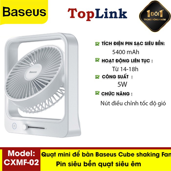 Quạt Mini Để Bàn BASEUS Cube Shaking Fan CXMF-02 Tự Động Quay Tích Điện Pin Sạc Siêu Bền 5400mah Hoạt Động Liên Tục 14-18h, Có Nút Vặn Điều Chỉnh Tốc Độ Gió