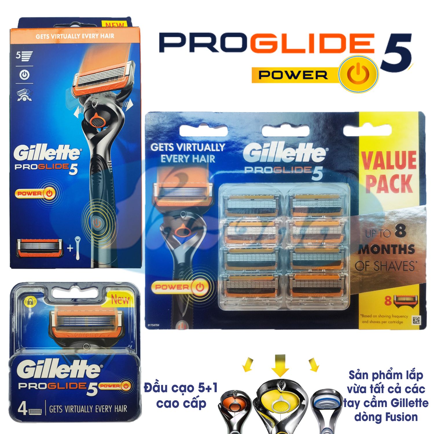 Dao cạo râu 5 lưỡi Gillette Proglide5 Power và hộp lưỡi thay thế (Tay cầm xoay chiều sử dụng pin, đầu cạo 5+1)