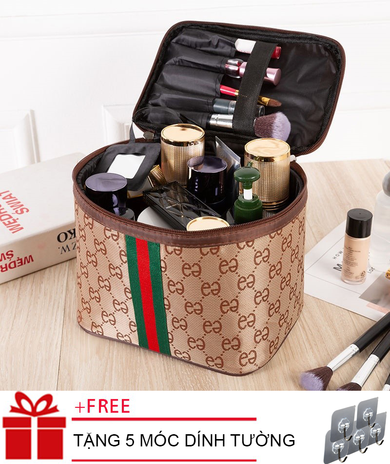 [ TẶNG 5 MÓC DÁN ] Túi đựng mỹ phẩm cao cấp giá rẻ kích thước 21.5*15cm*16cm, Túi Đựng Mỹ Phẩm Du Lịch Nhiều Ngăn Chống Thấm Hot 2019, Túi Đựng Mỹ Phẩm Cọ trang điểm (màu nâu)