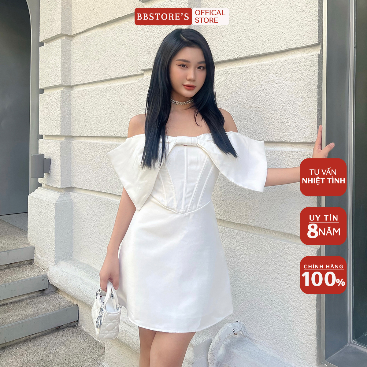 Bbstore's đầm xòe trễ vai dự tiệc phối nơ ngực sang trọng -d1488