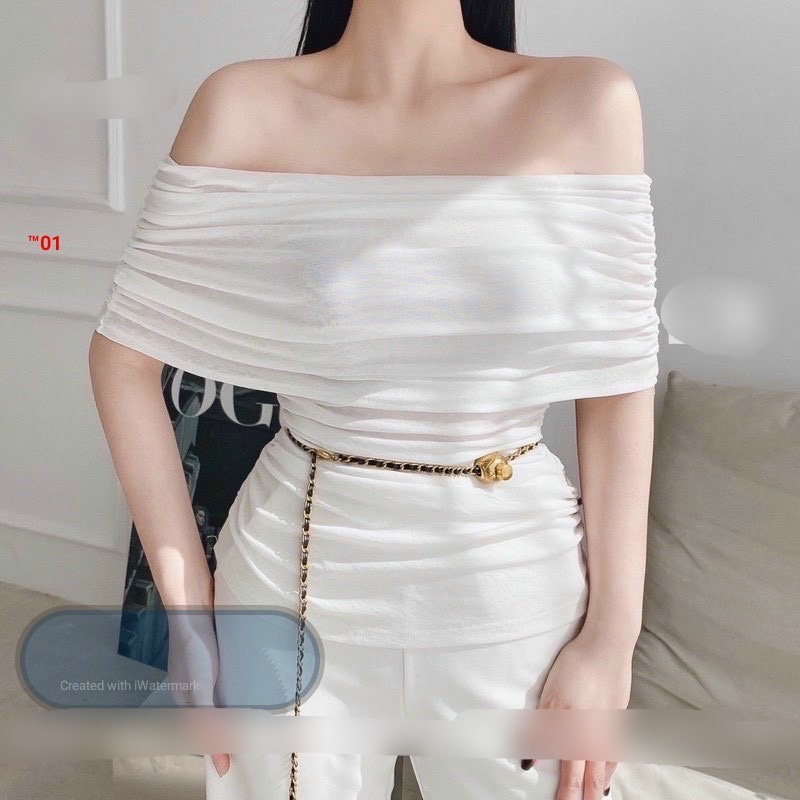 Áo kiểu nữ trễ vai nhũ lấp lánh tầng tay ngắn croptop tu