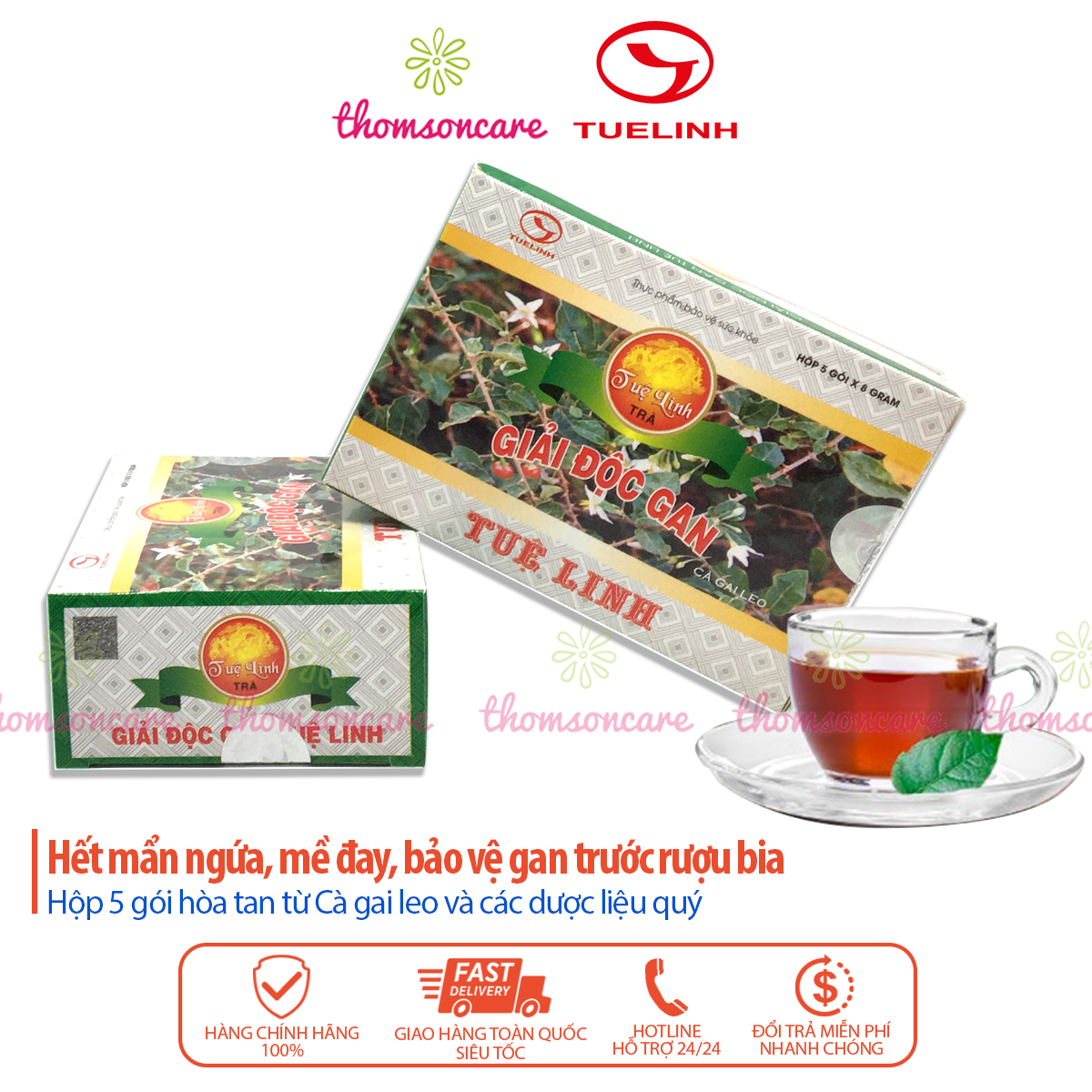 Trà giải độc gan Tuệ Linh - hộp 5 gói hòa tan giảm mề đay, mẩn ngứa từ cà gai leo và thảo dược Thomsoncare