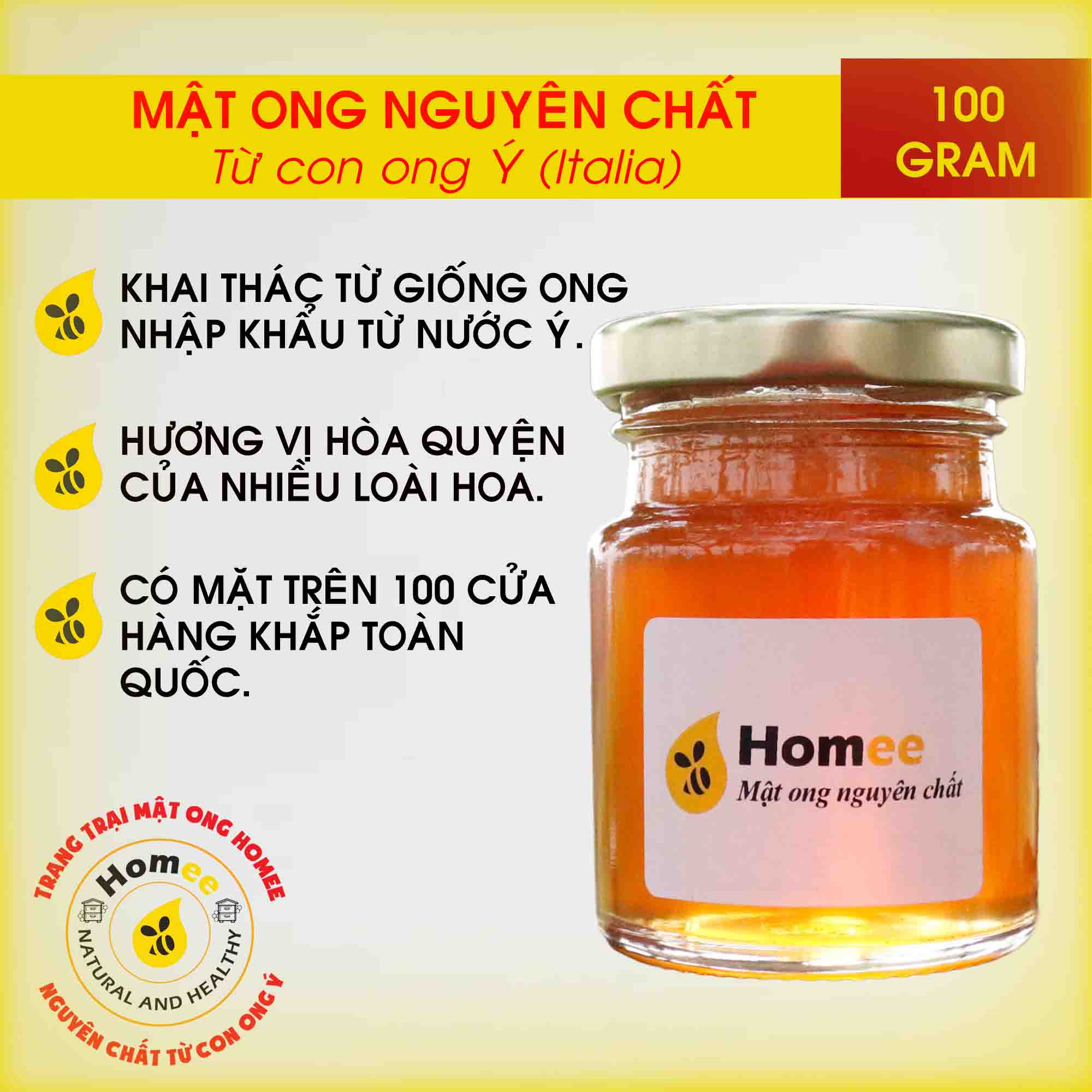 [HCM]Mật ong nguyên chất Hoa Rừng Cao Nguyên HOMEE 100g - Mật ong khai thác từ con ong Ý (Italia) thương hiệu được bán trên 100 cửa hàng khắp toàn quốc hương vị thơm ngon hòa quyện của nhiều loài hoa cỏ rừng.