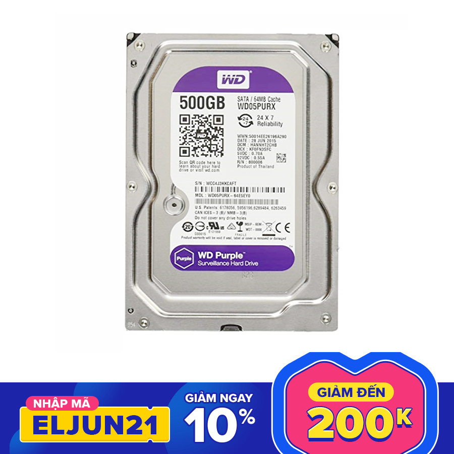 [ VOUCHER 8% tối đa 800k ] Ổ Cứng HDD 500GB WD Tím Chuyên Dụng Cho Máy Tính PC Đầu Thu Ghi Hình Camera - BẢO HÀNH 24 THÁNG