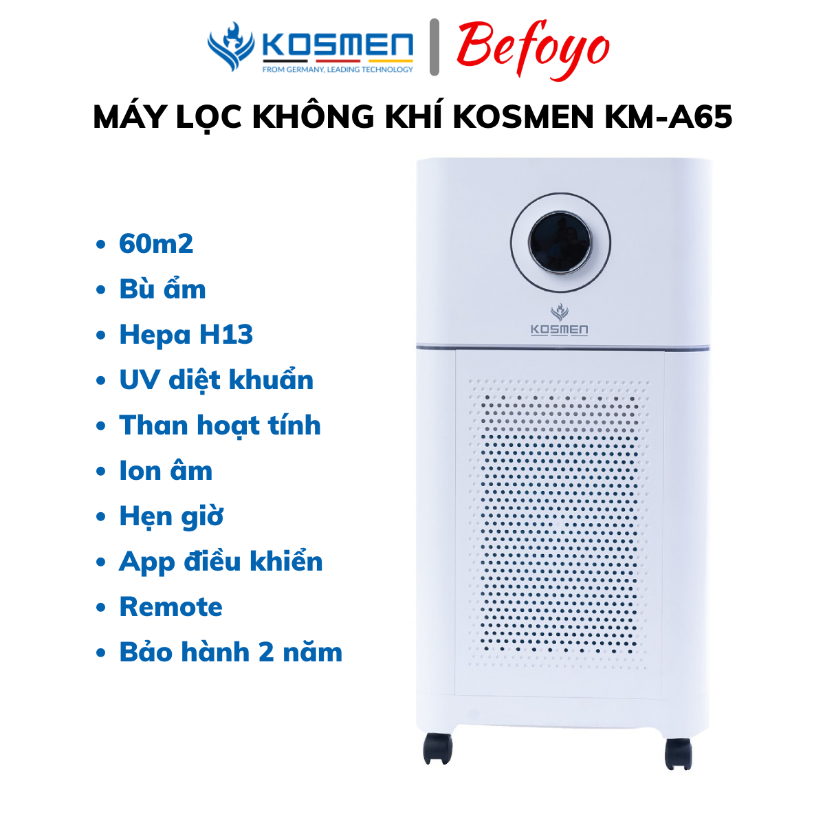 Máy lọc không khí kosmen km-a65 bù ẩm, 5 cấp lọc, hepa h13, điều khiển bằng app và remote, uv tiêu diệt, app điều khiển