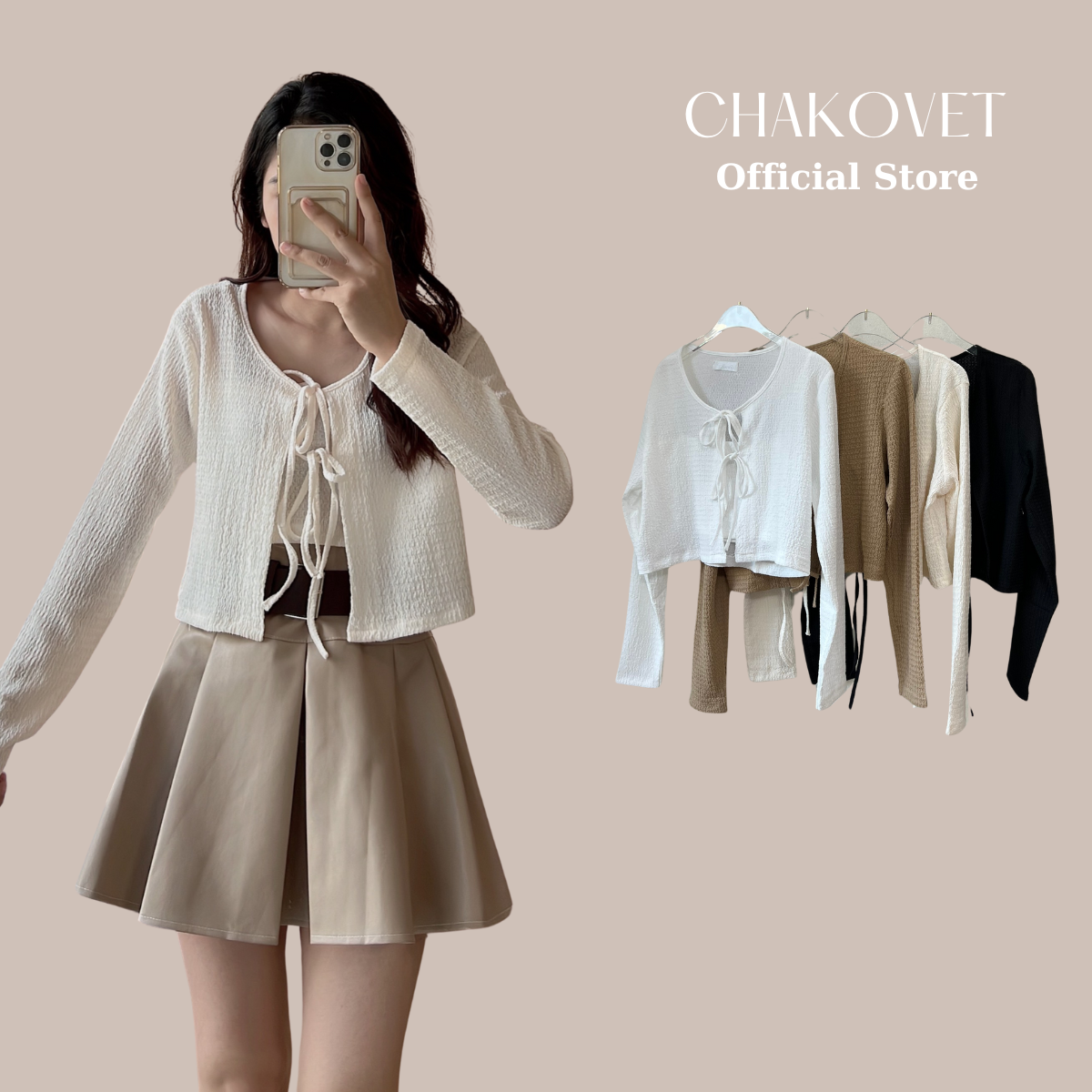 Set áo Cardigan dài tay nữ kèm áo 2 dây cao cấp, Bộ đồ nữ áo khoác dáng ngắn cách điệu cột dây Mix C