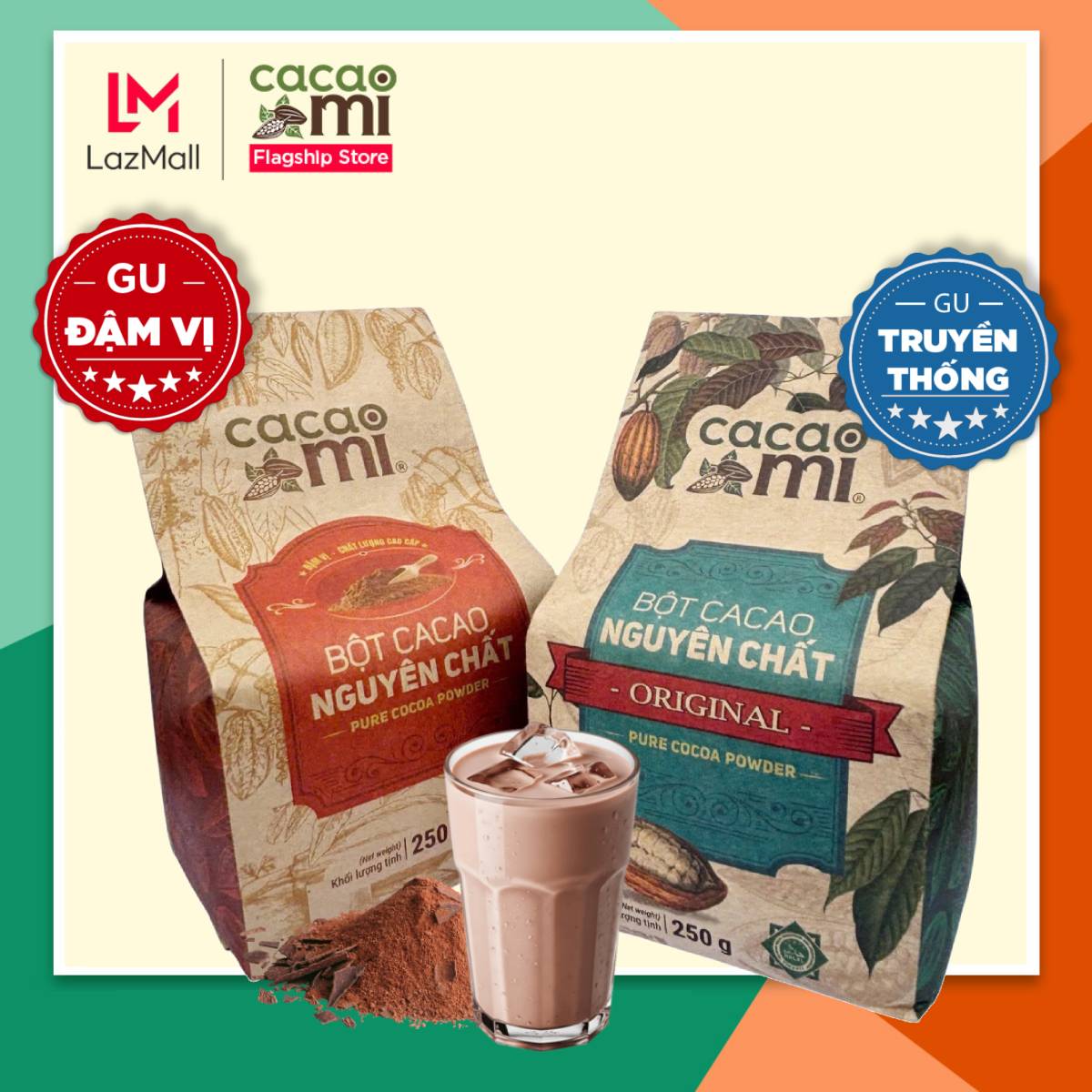 Combo Bột Cacao Nguyên Chất CacaoMi Không Đường - Gu Đậm & Gu Truyền Thống, Pha Chế & Làm Bánh