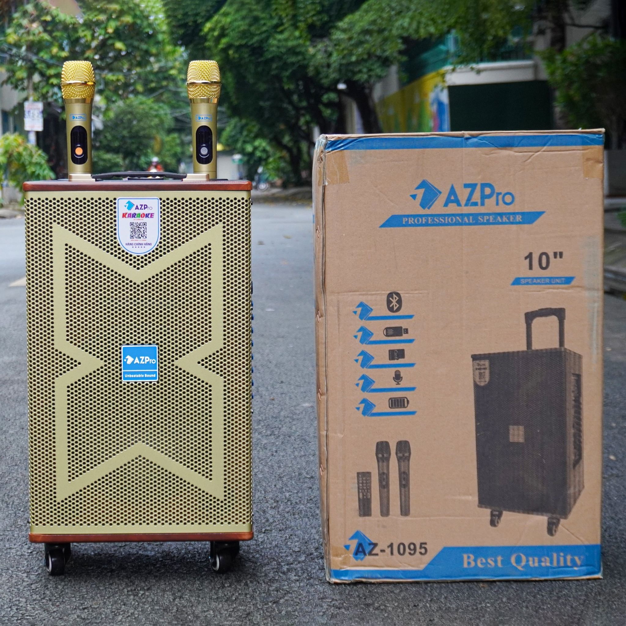 Loa kéo AZPro 1095 - Loa kéo di động 2 đường tiếng bass 2.5 tấc - Tặng kèm 2 micro không dây - Chống hú cực tốt, Công suất lên đến 600W - Đầy đủ kết nối Bluetooth, AV, USB, SD card - Cổng 6.5 cắm micro ngoài - Âm thanh cực chuẩn
