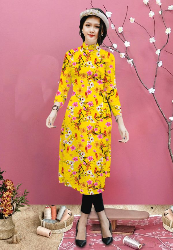 Áo dài cách tân in họa tiết ngày tết -ms0269ad