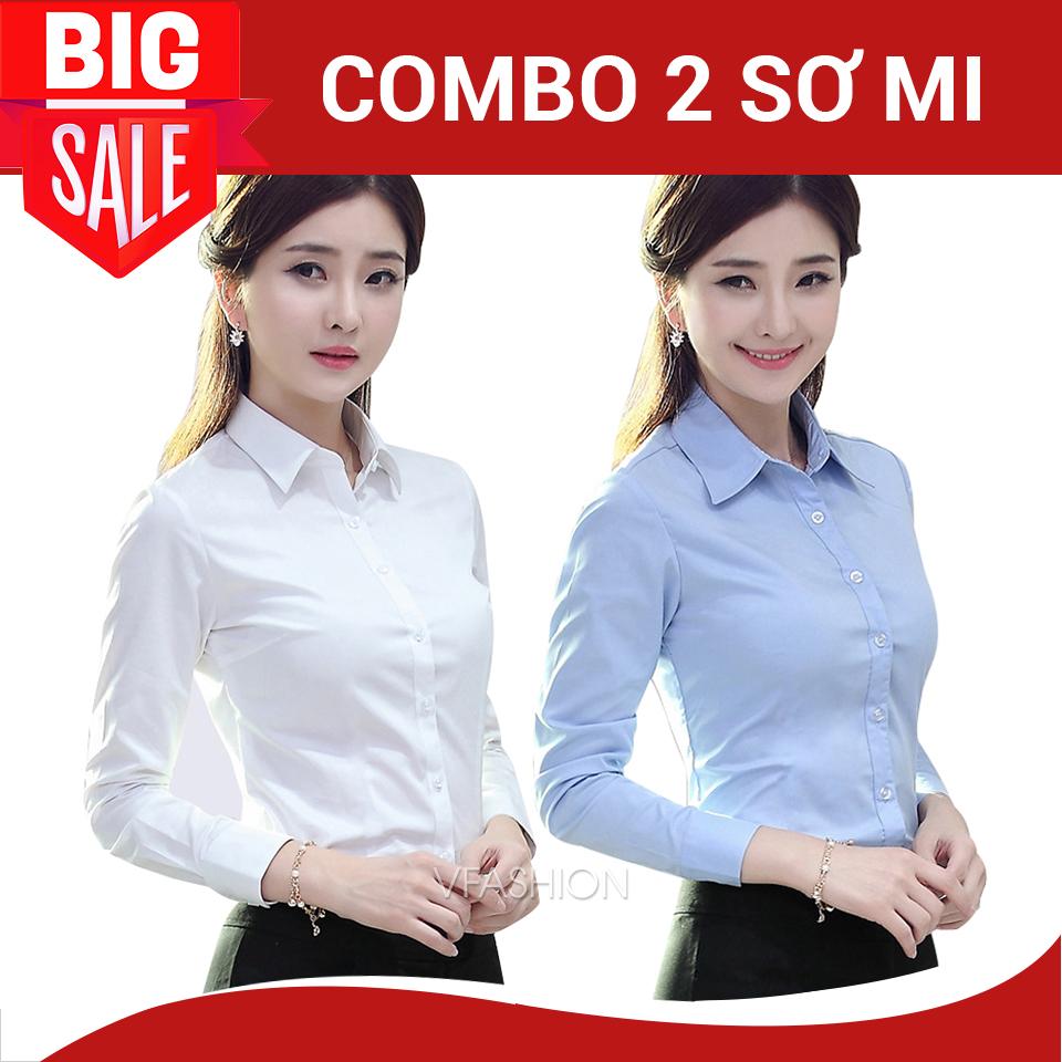 Combo 2 sơ mi Nữ trắng + Nữ xanh nhạt trẻ trung