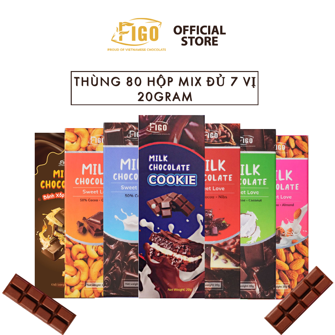 [THÙNG SỈ 80 HỘP MIX ĐỦ 7 VỊ 20G ] Kẹo socola Hạnh nhân, Hạt điều, Dừa, bánh cookie, nho, hạt cacao 20g Figo, đồ ăn vặt văn phòng siêu nghiện
