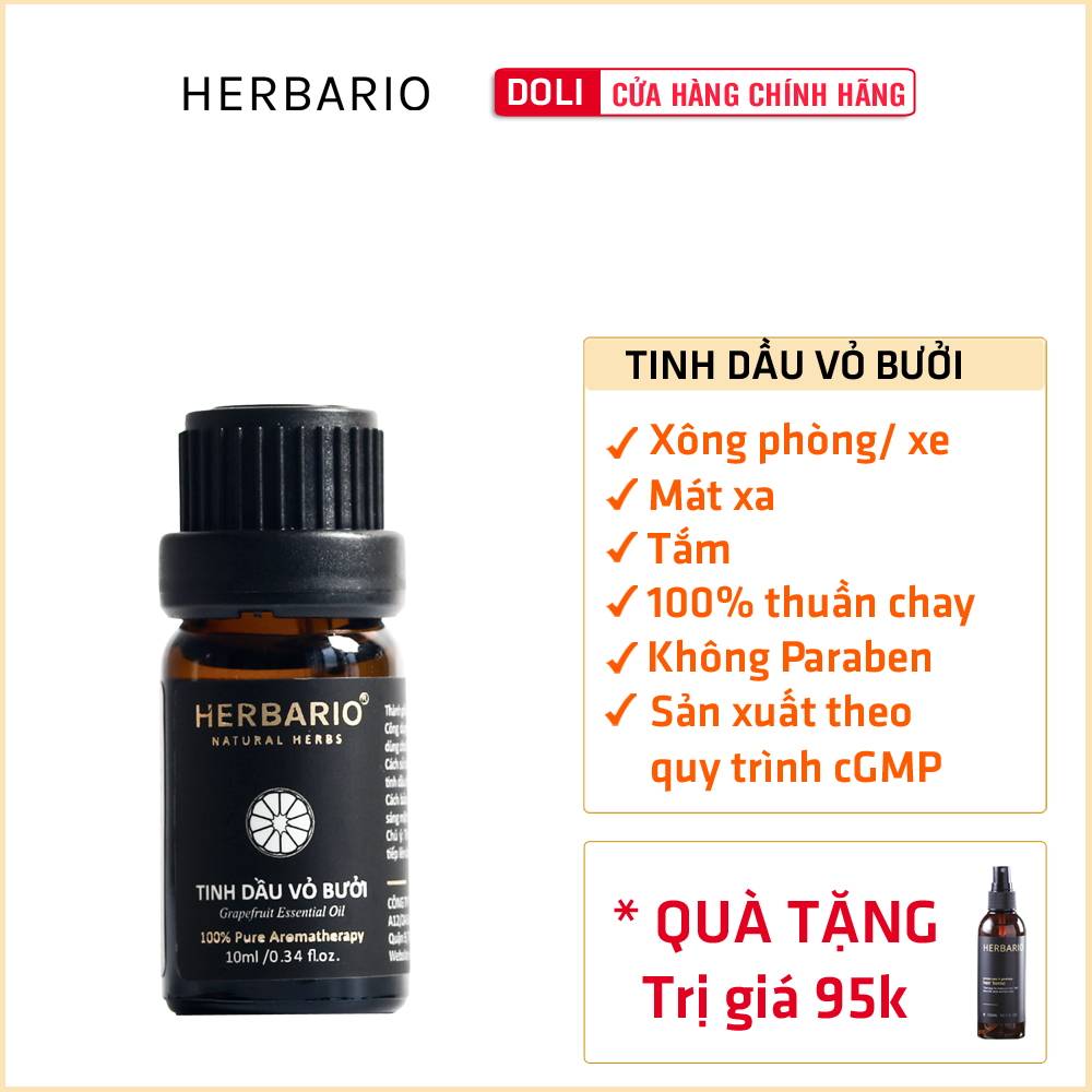 Tinh dầu vỏ bưởi nguyên chất herbario 10ml grapefruit essential oil, thuần chay, Giúp tóc giảm gảy rụng, hỗ trợ tóc mọc nhanh dài, dày hơn, Sản xuất quy trình cGMP, Tiêu chuẩn ISO 9001:2015