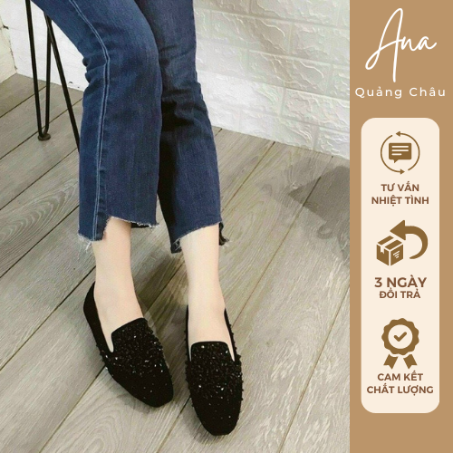 Giày lười slipon đế bệt nhung đính đá Ana QC
