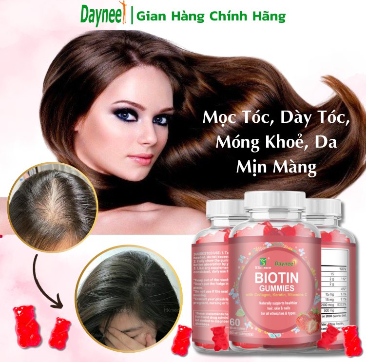  Kẹo  Ngăn Rụng Tóc Biotin Daynee Hỗ Trợ Mọc Tóc Móng Dày & Khoẻ Tăng Cường Độ Đàn Hồi Của Da Giúp Da luôn Khoẻ Mạnh Trẻ Trung 