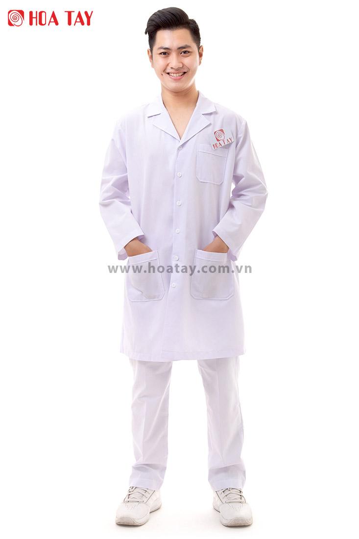 HOA TAY _ Áo Bác Sĩ  Blouse Nam Màu Trắng Tay Dài Form Dày Vải  Kate Ford