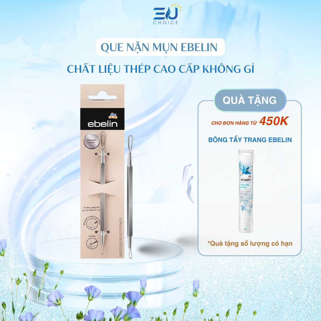Que nặn mụn 2 đầu cao cấp Ebelin chất liệu thép không gỉ, que cà mụn, que cà mụn đầu đen