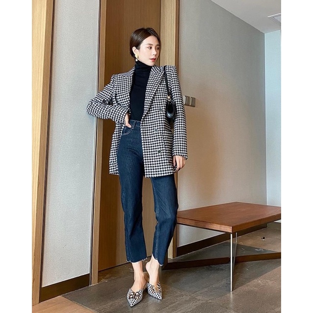 Áo khoác dạ tweed kẻ ziczac blazer dáng suông nữ QUYNH DESIGN
