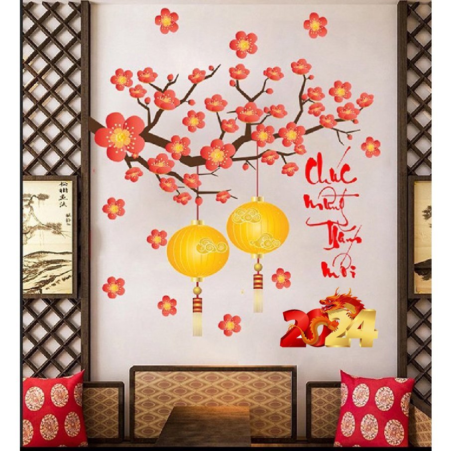 Decal dán kính dán tường trang trí tết cành đào đỏ PK516 (Có keo sẵn)
