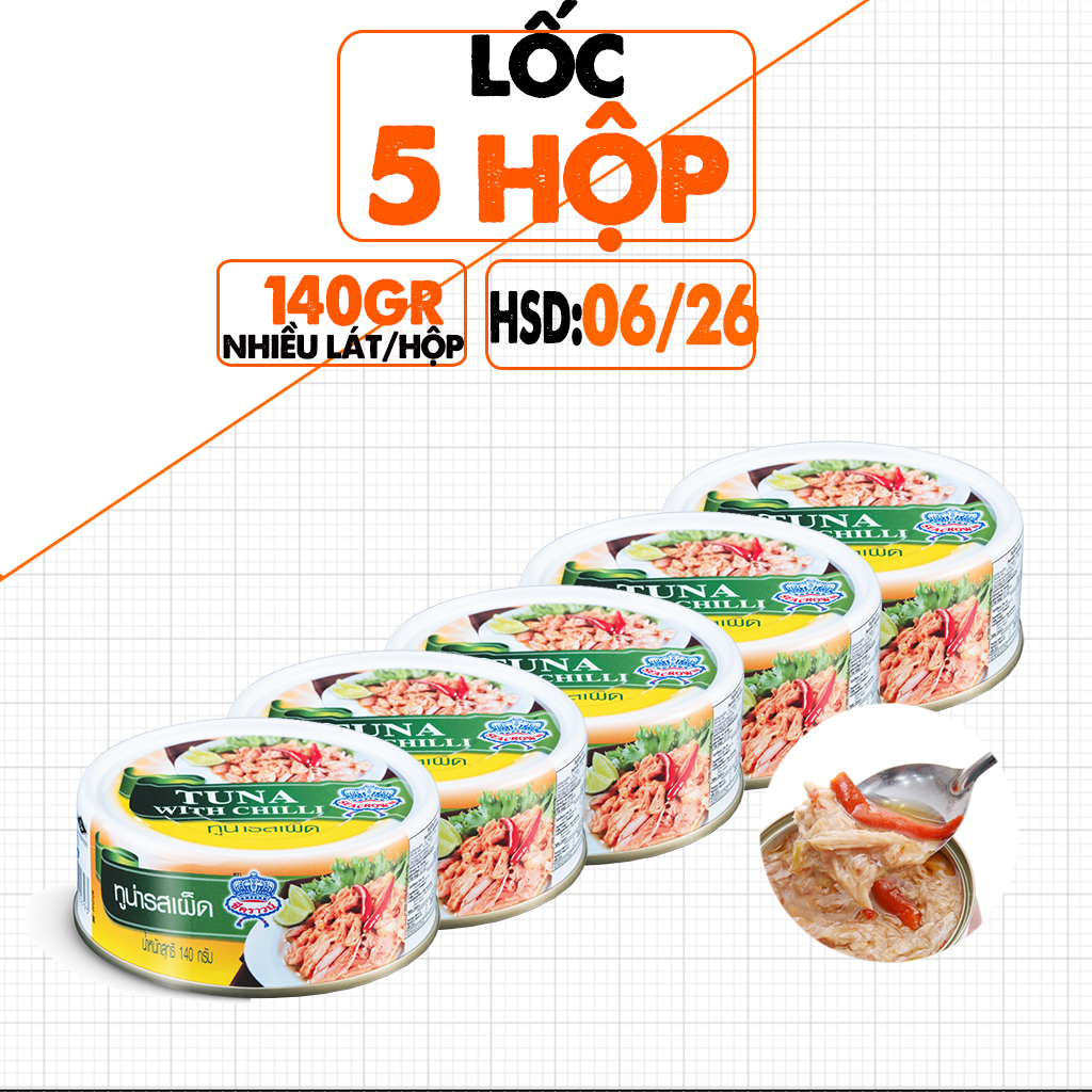 Lốc 05 Hộp Cá Ngừ Xắt Khúc Ngâm Ớt Seacrown, Lon 140g, Nhập Thái, Vị Cay, Thơm, Dùng Ăn Liền, Date 06/2026