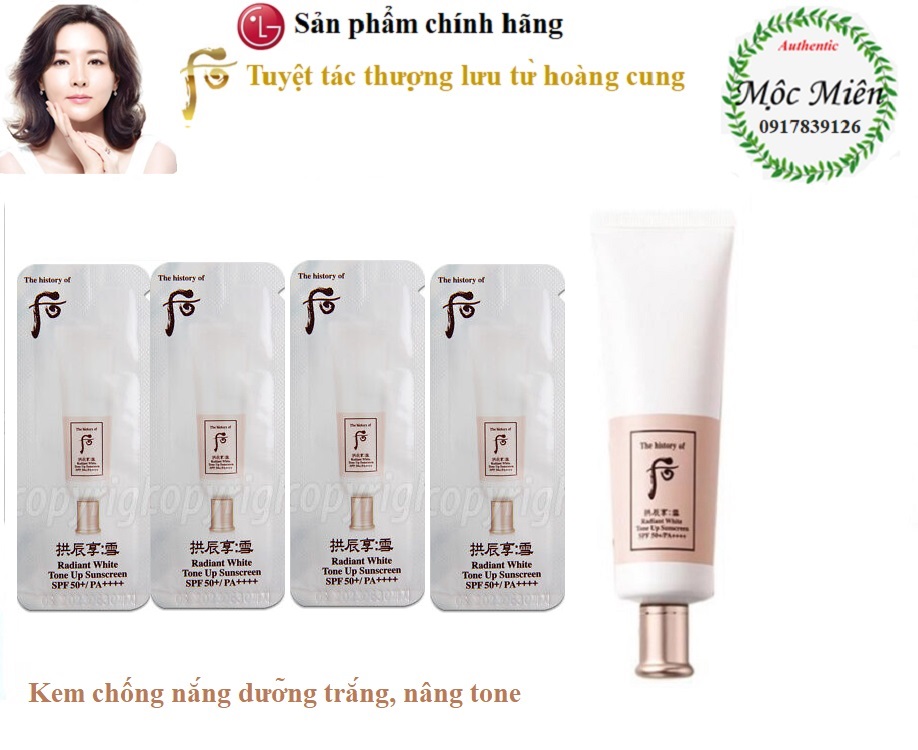 Combo 10, 30, 60, 120 gói kem chống nắng whoo trắng nâng tone, dưỡng trắng whoo radiant white tone up sunscreen spf50+/pa+++ 1ml sample ohuimocmien