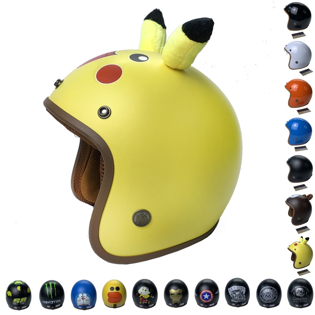 Bán sỉ- Mũ bảo hiểm 34 đầu, nón bảo hiểm 34 sơn trơn cute có kính uv phi công phượt nữ nam xe máy tai sừng gấu pikachu