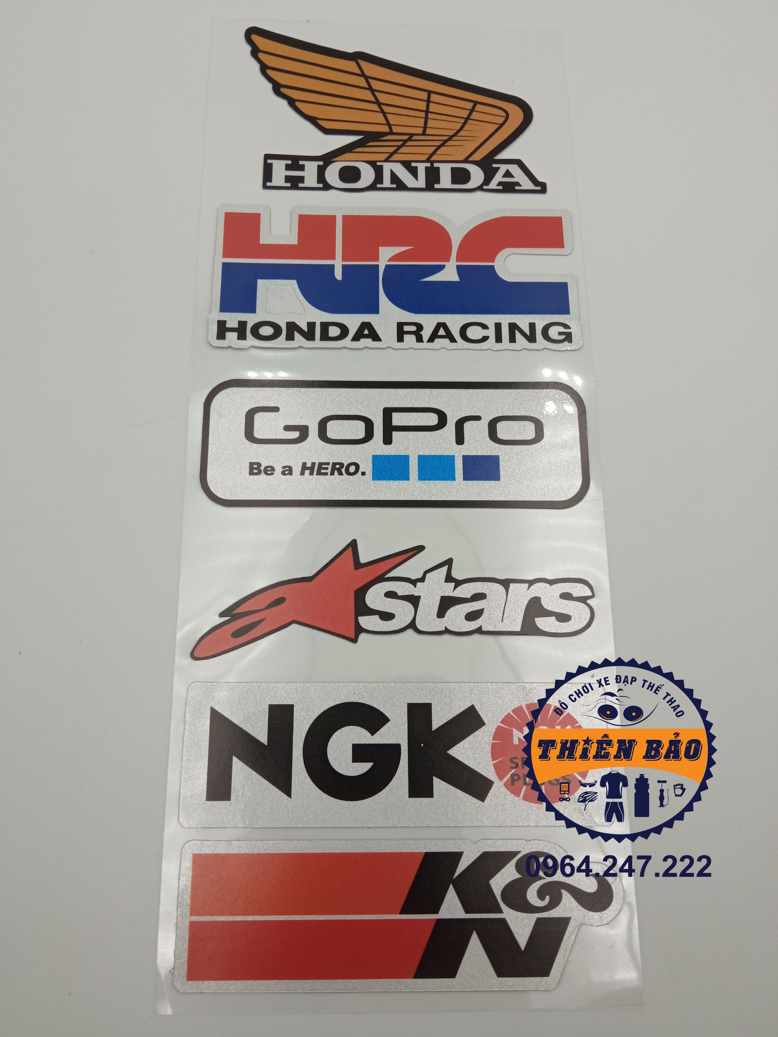 Combo 6 decal dán xe máy, sticker tem dán xe honda, dán pô, logo dán xe honda hrc #235