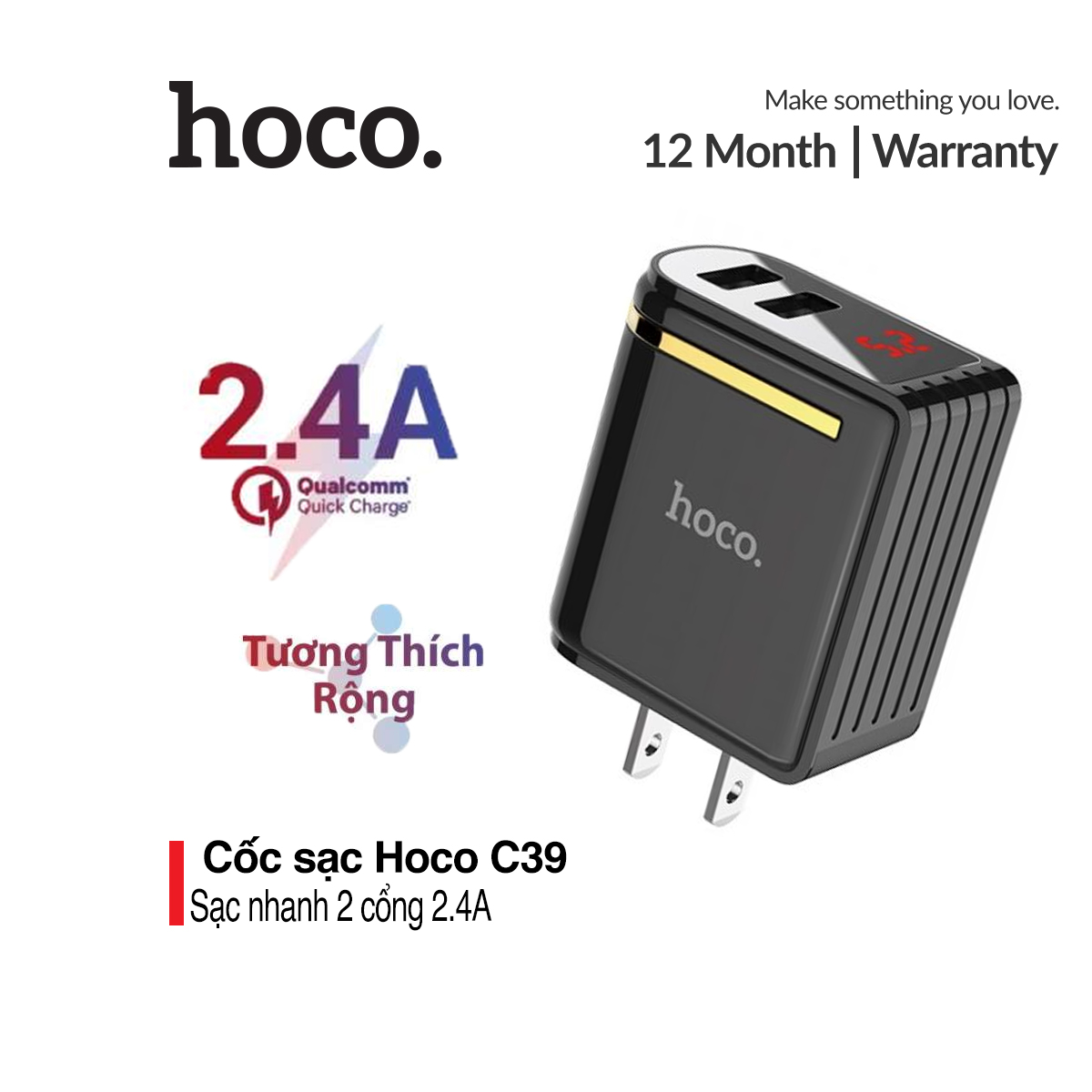 Củ sạc nhanh Hoco C39 2 cổng USB 24A có đồng hồ đo dòng điện tương thích nhiều thiết bị Iphone Samsung Huawei Oppo Xiaomi
