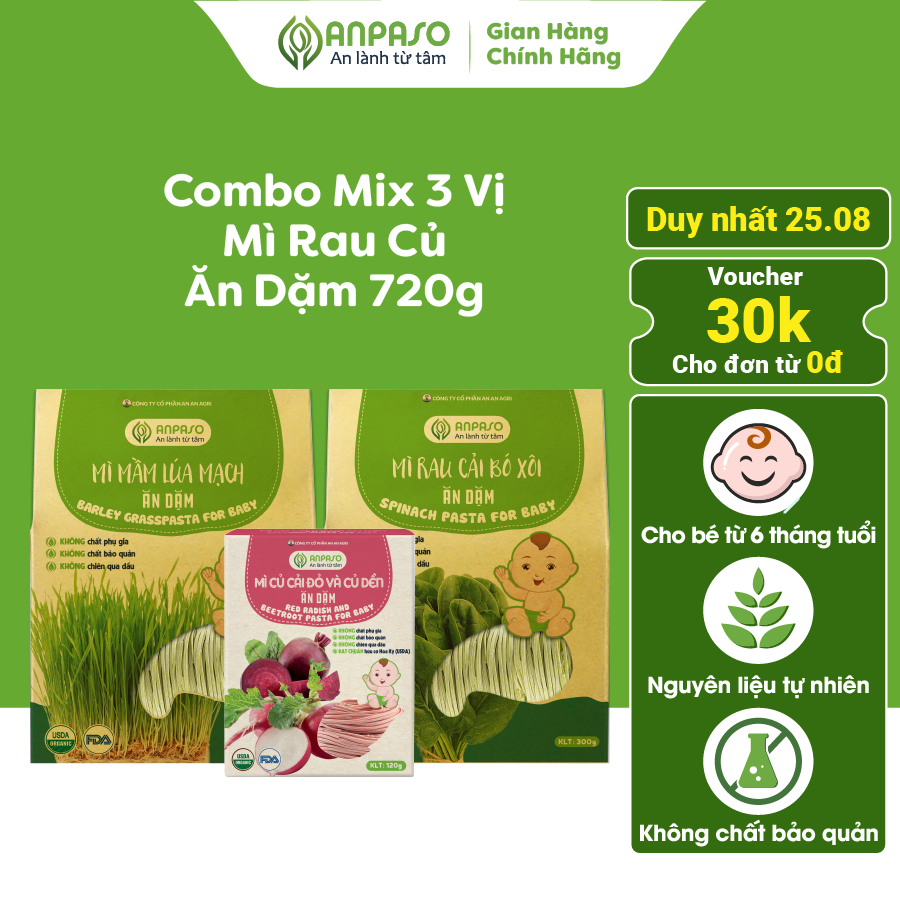 Combo Mì Ăn Dặm ANPASO 3 vị rau Organic hữu cơ dành cho bé 7 tháng tuổi bổ sung chất xơ, cải thiện táo bón 720gr