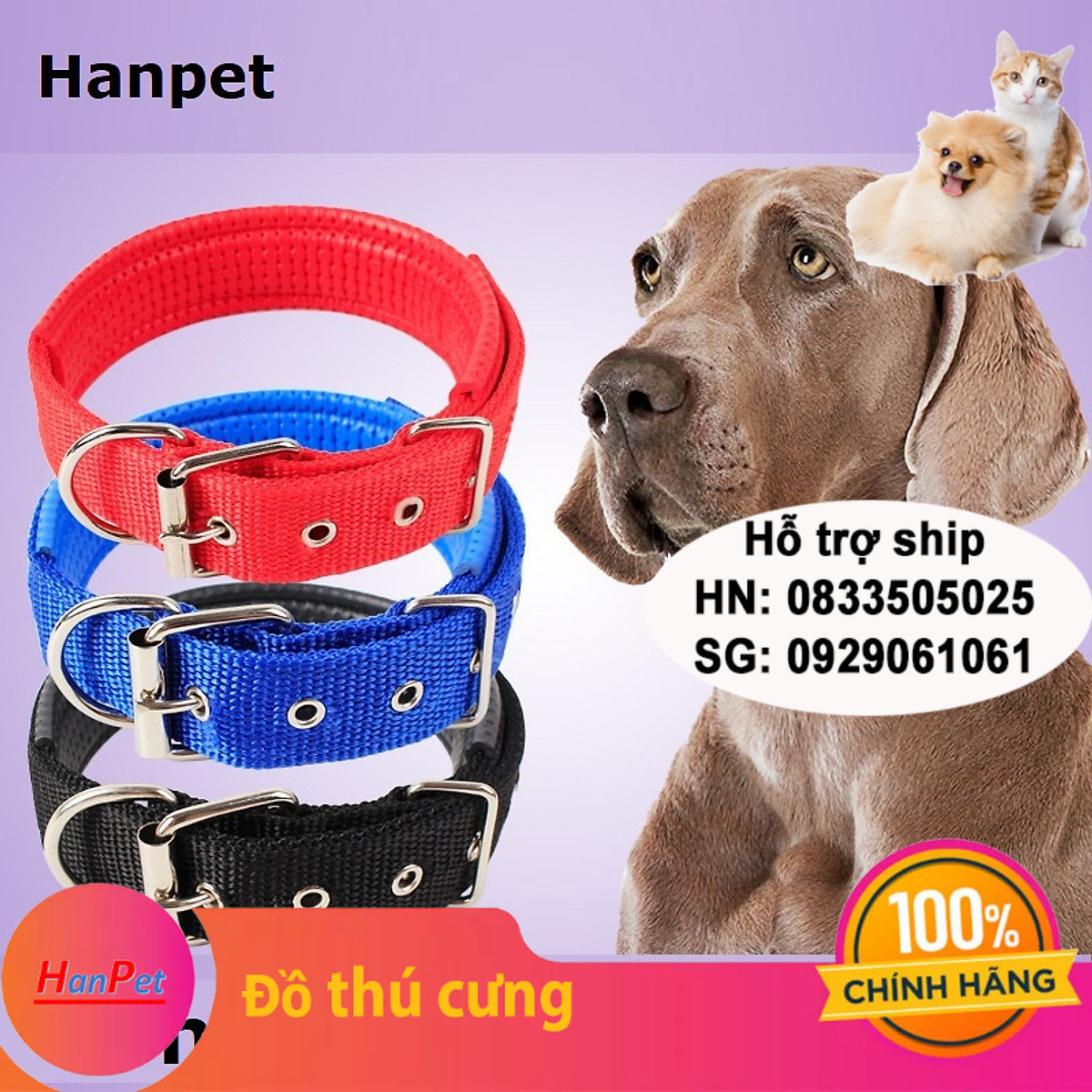 Hanpet - Vòng cổ chó có đệm cổ 4 màu 4 size cho tất cả các loại chó