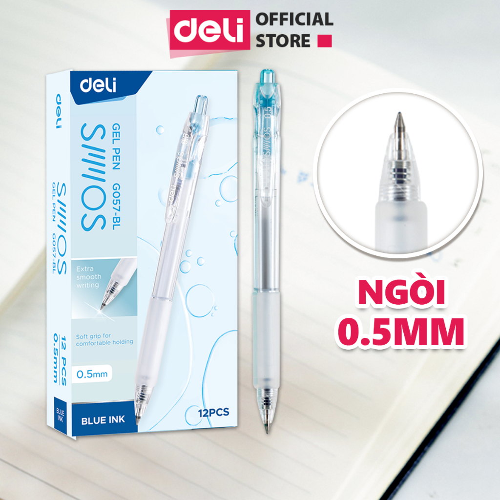 Combo 10 Bút gel bút bi nước mực xanh ngòi 0.5mm Deli, Bút bi bấm mực gel trơn tru viết sổ caligraphy dành cho văn phòng học sinh