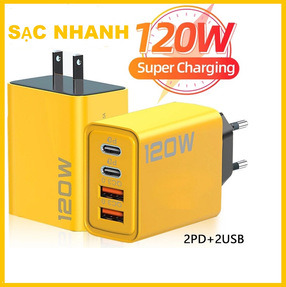 Củ sạc, cóc sạc nhanh 120w 4 cổng ra 2 cổng qc 3.0 và 2 cổng pd sạc mọi điện thoại, máy tính bảng