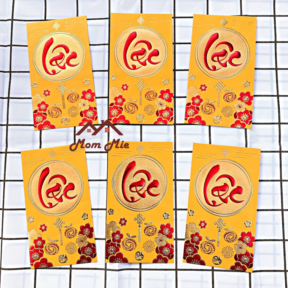 [HCM]Bộ 6 bao lì xì in họa tiết, câu chúc nổi 3D - LX011