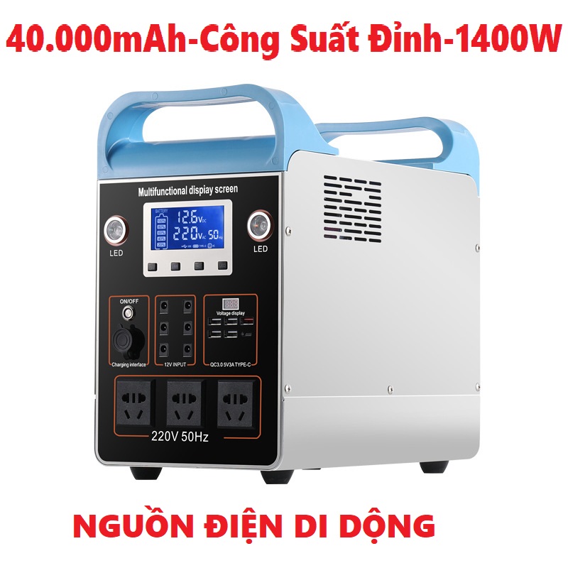 Nguồn điện Di Động Trạm sạc dự phòng - Máy phát điện di động 420.000mAh-Công Suất Đỉnh 1400W-Cổng điện 220V-1400W.