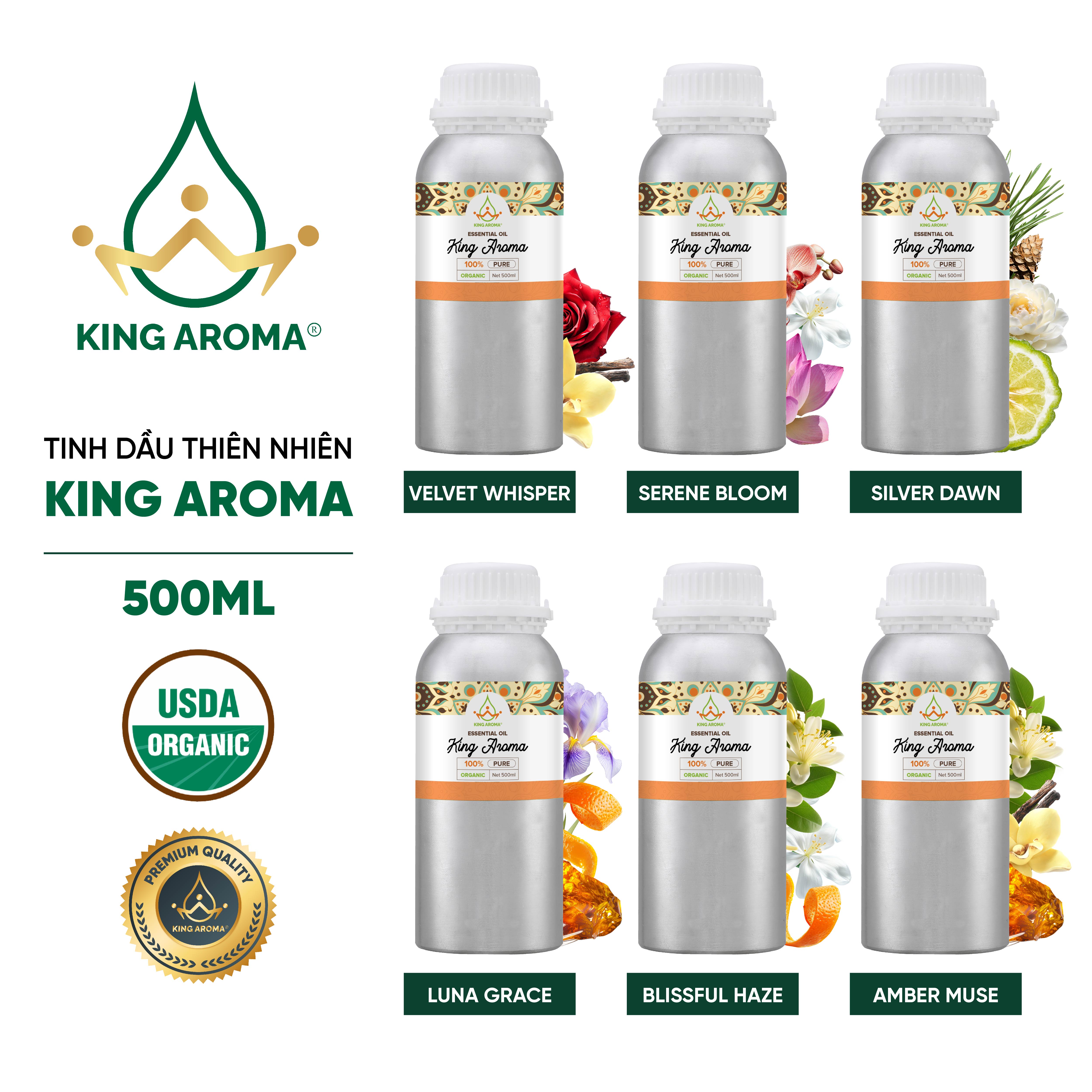 [Chai Nhôm 500ml ]Tinh dầu hương nước hoa khuếch tán Velvet Whisper-Serene Bloom-Silver Dawn-Luna Grace-Blissful Haze-Amber Muse-Ivory Petal-Moonlit Aura-Ethereal Mist-Golden EmbraceKing aroma -  Công thức cải tiến mới, lưu hương lâu, thơm đậm