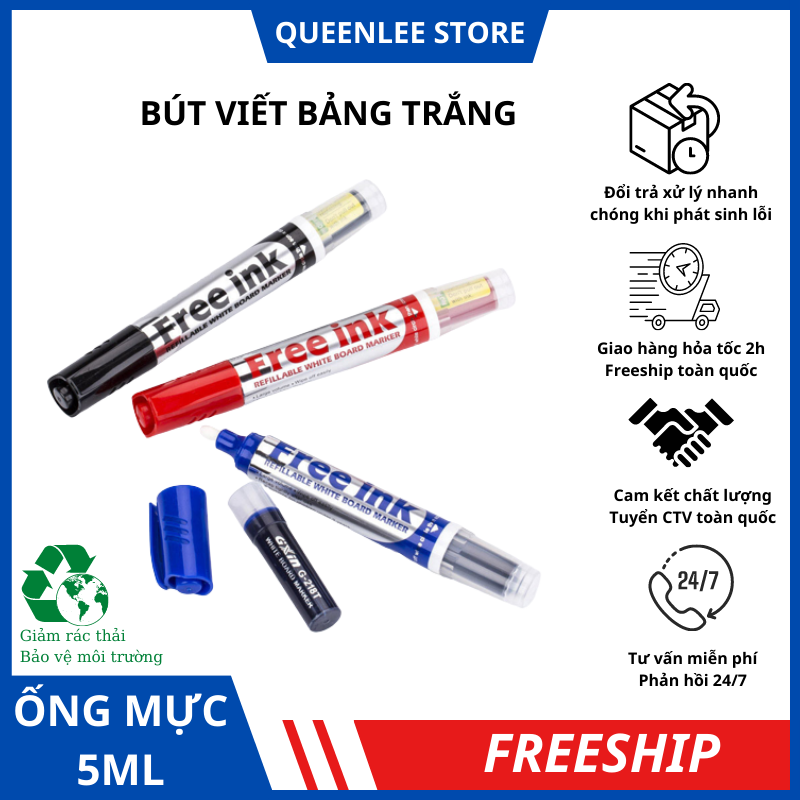 Bút bút lông bảng trắng xoá dễ dàng có 4 màu xanh đen đỏ đổ mực vào ống mực dễ dàng queen lee store
