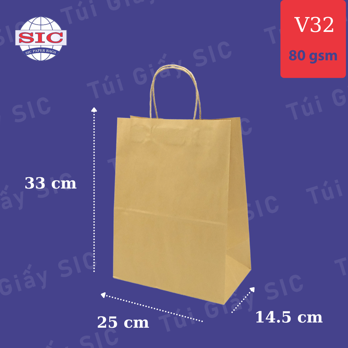 Túi giấy kraft v32: 25x14.5x30 màu nâu có quai