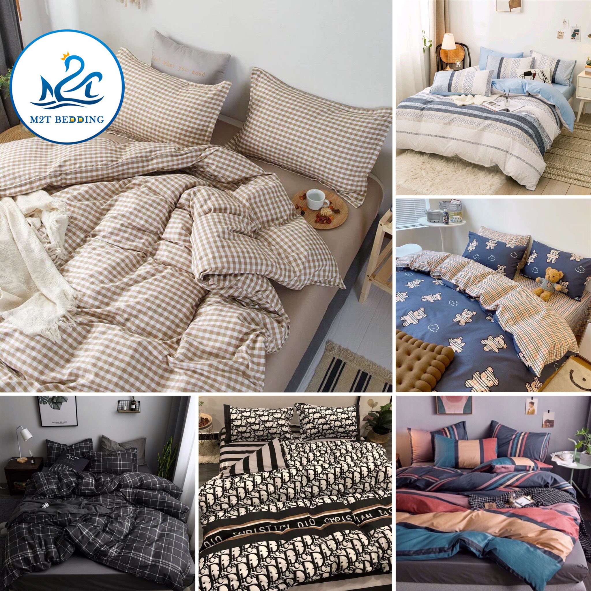 Bộ chăn ga và vỏ gối Cotton poly kẻ nhập khẩu - chăn ga Hàn Quốc, miễn phí bo chun drap ga giường